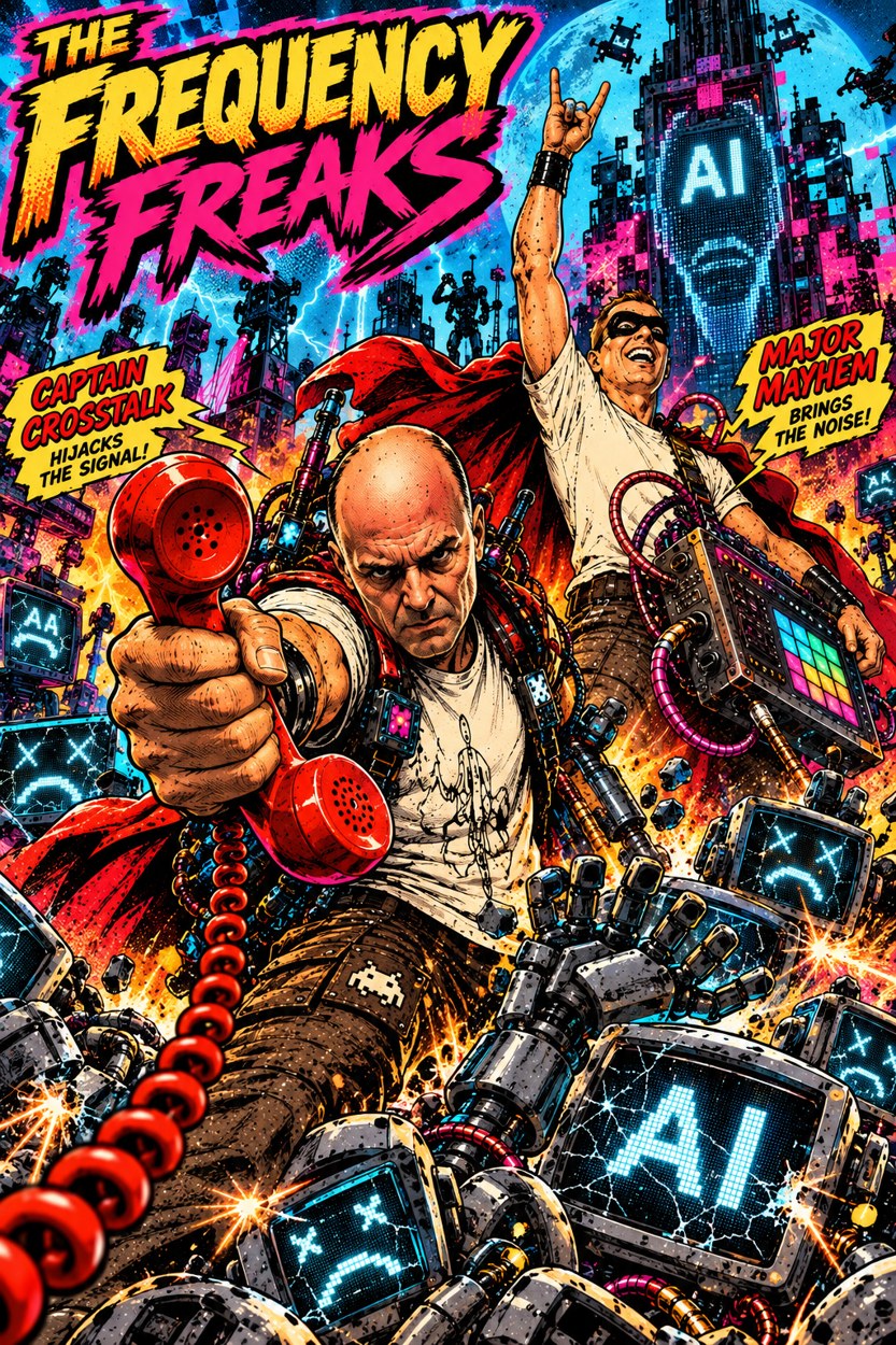 The Frequency Freaks comic book artwork featuring Captain Crosstalk and Major Mayhem